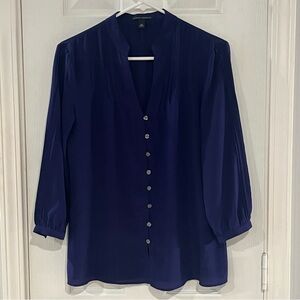 100% Silk Royal Blue Banana Republic 3/4 Sleeve V-Neck Button Down Blouse XS